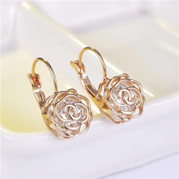 Rose Gold Plated Hollow Rose Flower Leverback Earrings with Swarovski Crystals - Picture 4 of 8